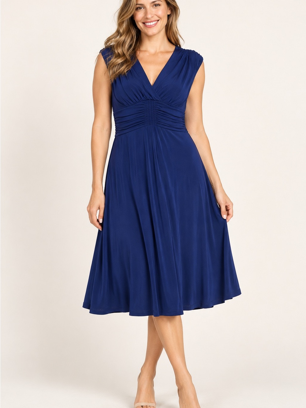 AA Studio Navy Blue Purple Undertone Ruched Midi Dress Size 10
